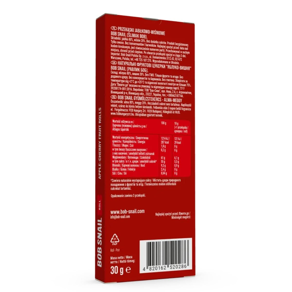 Bob Snail Rollsy Apple & Cherry Snack with No Added Sugar - 30 g